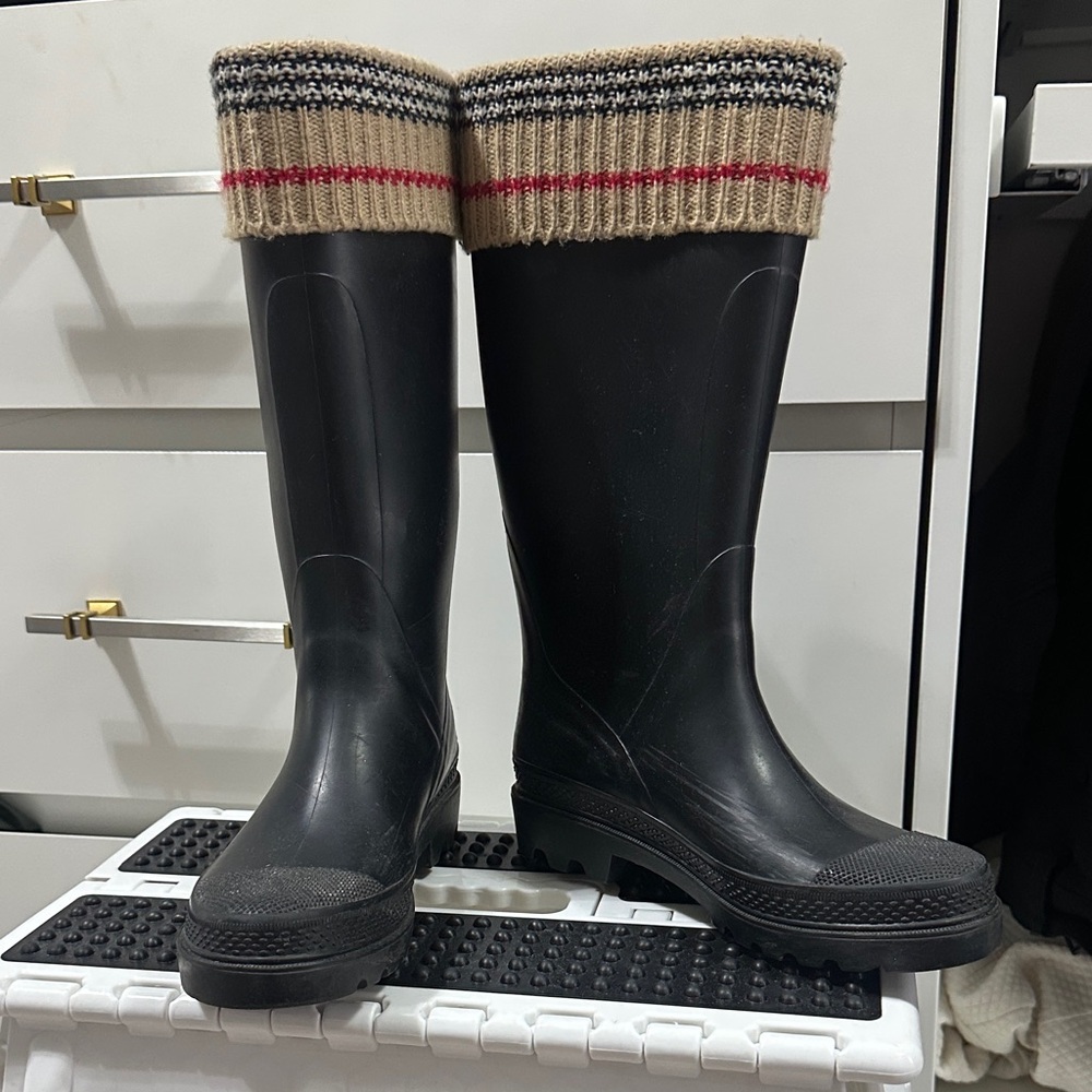 Black Burberry Rain Boots with Striped Knit Cuff size 37